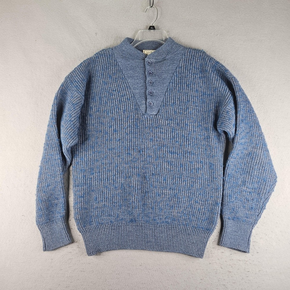 Vintage L.L.Bean Sweater Mens Large Blue High Trek Yarn Mock Neck Henley USA